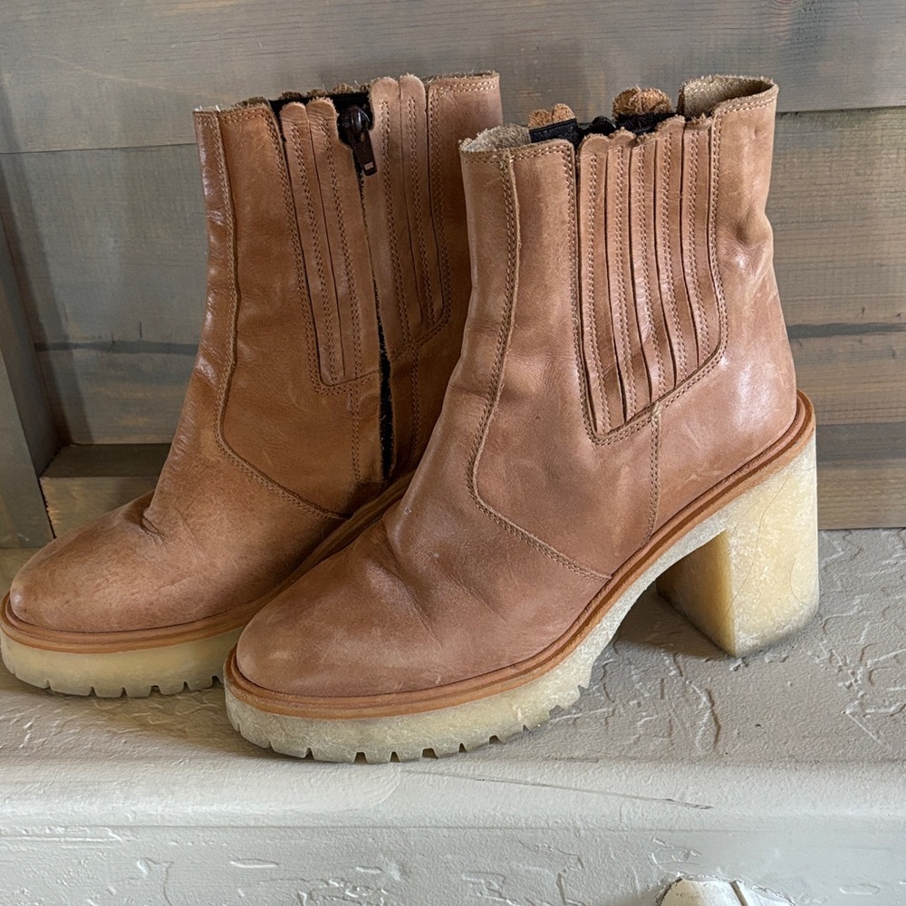 Free People Chunky Heel Tan Leather Boots - Picture 3 of 8